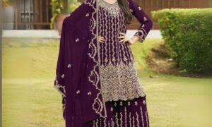 Blooming Georgette Paplon-Style Suit with Russian Plazo & Diamond Work – G-013